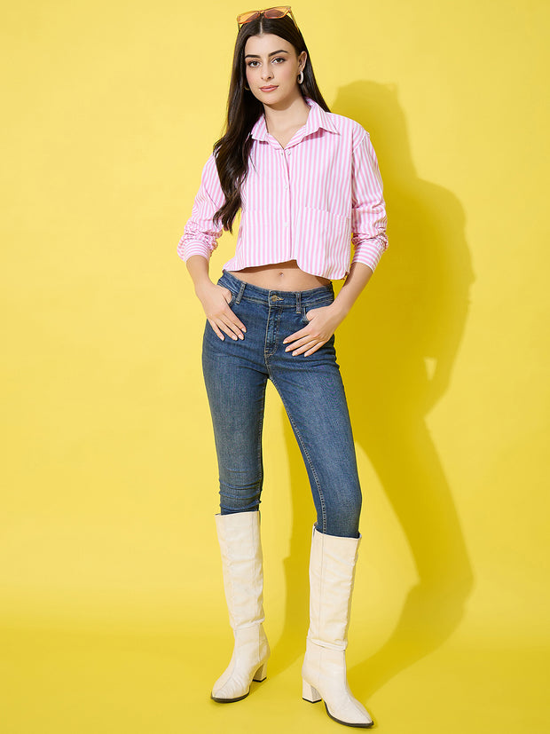 Striped Cotton Crop Shirt with Stylish Pocket for Women-3614-3615