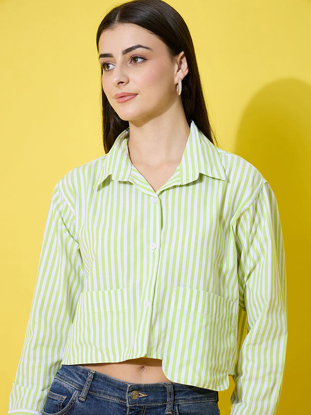 Striped Cotton Crop Shirt with Stylish Pocket for Women-3614-3615