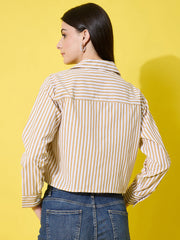 Striped Cotton Crop Shirt with Stylish Pocket for Women-3614-3615