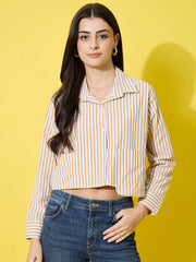 Striped Cotton Crop Shirt with Stylish Pocket for Women-3614-3615