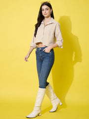 Striped Cotton Crop Shirt with Stylish Pocket for Women-3614-3615