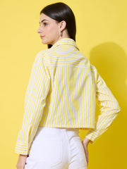 Striped Cotton Crop Shirt with Stylish Pocket for Women-3614-3615