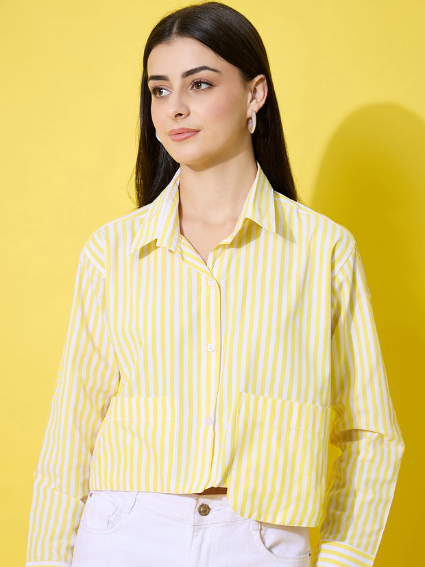 Striped Cotton Crop Shirt with Stylish Pocket for Women-3614-3615