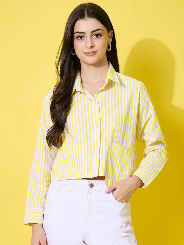 Striped Cotton Crop Shirt with Stylish Pocket for Women-3614-3615