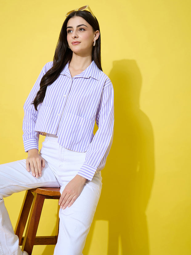 Striped Cotton Crop Shirt with Stylish Pocket for Women-3614-3615