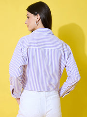 Striped Cotton Crop Shirt with Stylish Pocket for Women-3614-3615