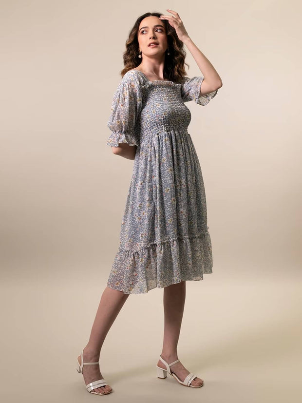 Light Blue Georgette Floral Print Smocked Women Midi Dress-3139OS