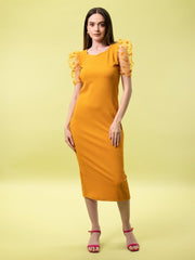Yellow Polka Dot Mesh Puff Sleeve Women Bodycon Dress-3253OS
