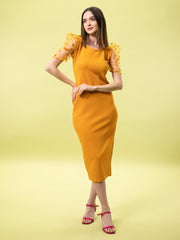 Yellow Polka Dot Mesh Puff Sleeve Women Bodycon Dress-3253OS