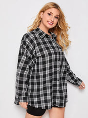 Cotton Oversized Fit Casual Plaid Print Plus Size Women Long Shirt-3290PLUS