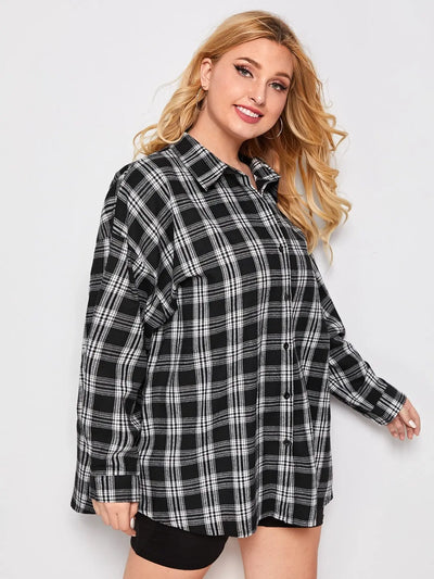 Cotton Relaxed Fit Casual Plaid Print Women Long Shirt-3290