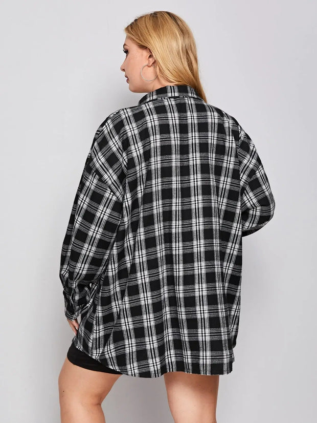 Cotton Oversized Fit Casual Plaid Print Plus Size Women Long Shirt-3290PLUS