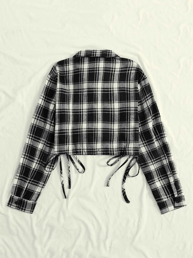 Black And White Cotton Drawstring Women Plaid Shirt-3291