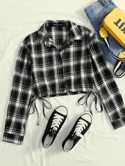 Black And White Cotton Drawstring Women Plaid Shirt-3291