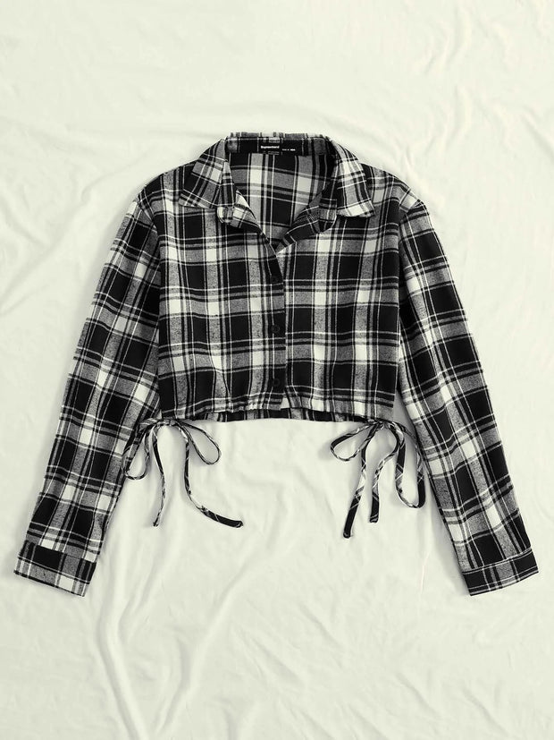 Black And White Cotton Drawstring Women Plaid Shirt-3291