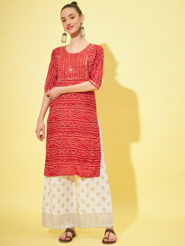 Cotton Bandhani Printed Long Women Straight Kurta-3316