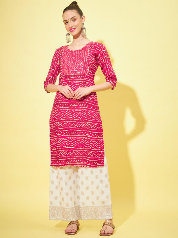 Cotton Bandhani Printed Long Women Straight Kurta-3316