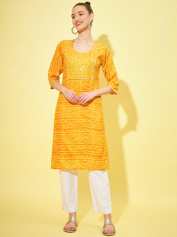 Cotton Bandhani Printed Long Women Straight Kurta-3316