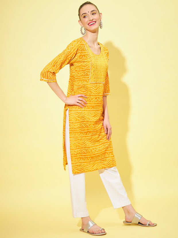 Cotton Bandhani Printed Long Women Straight Kurta-3316