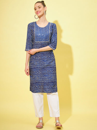 Cotton Bandhani Printed Long Women Straight Kurta-3318