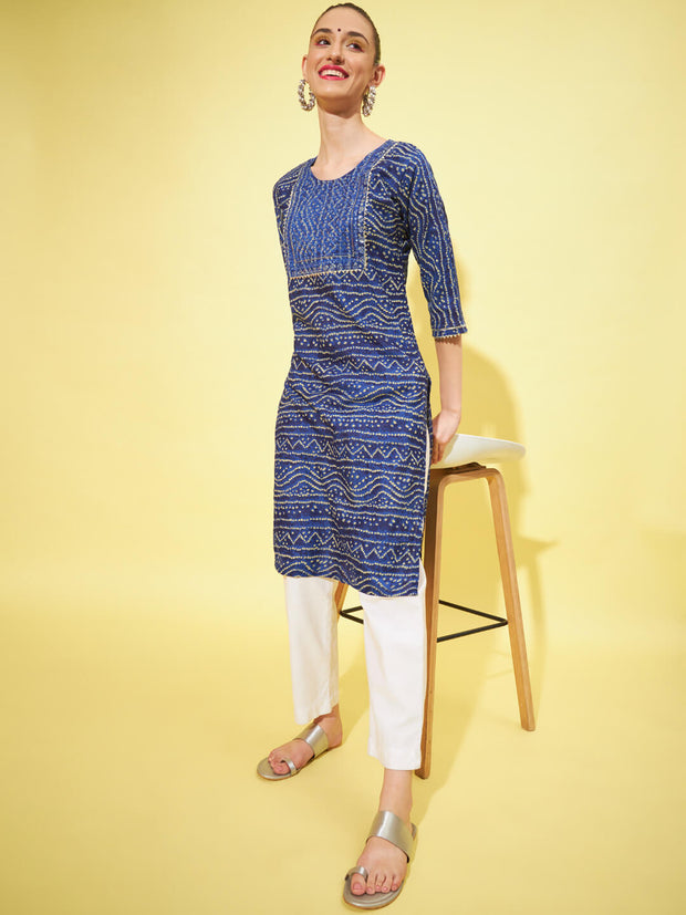 Cotton Bandhani Printed Long Women Straight Kurta-3315