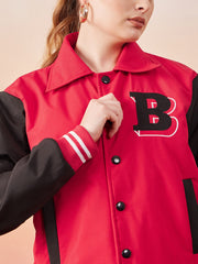 Long Sleeve Buttoned Women Varsity Jacket-3366