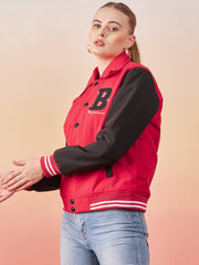 Long Sleeve Buttoned Women Varsity Jacket-3366