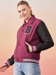 Long Sleeve Buttoned Women Varsity Jacket-3363