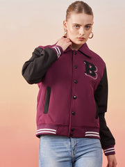 Long Sleeve Buttoned Women Varsity Jacket-3363