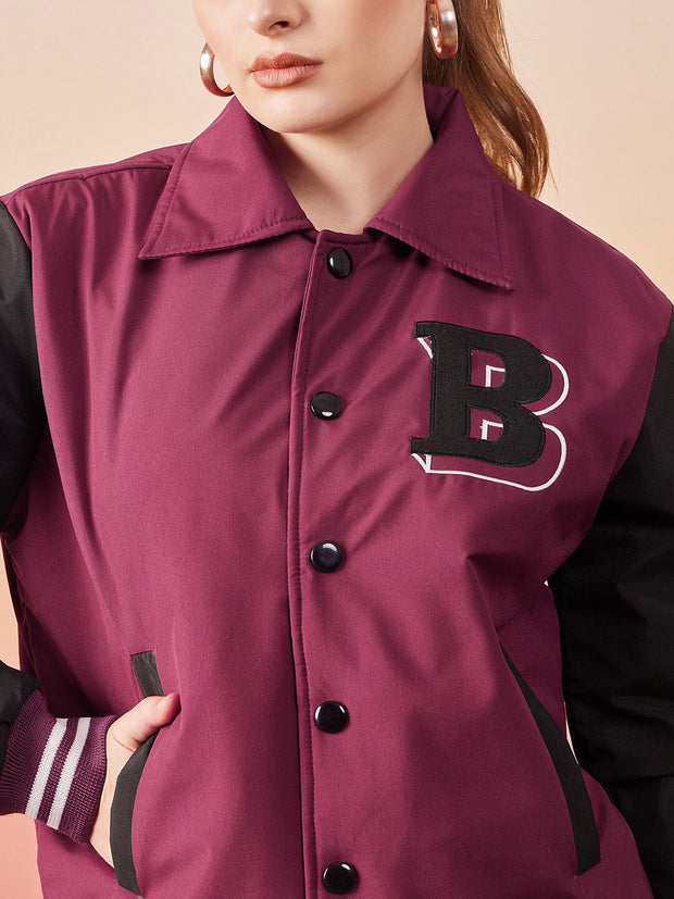 Long Sleeve Buttoned Women Varsity Jacket-3366