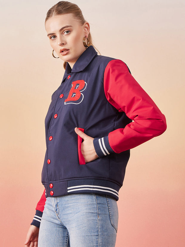 Long Sleeve Buttoned Women Varsity Jacket-3366