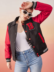 Long Sleeve Buttoned Women Varsity Jacket-3366