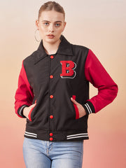 Long Sleeve Buttoned Women Varsity Jacket-3366