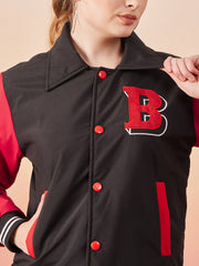 Long Sleeve Buttoned Women Varsity Jacket-3366