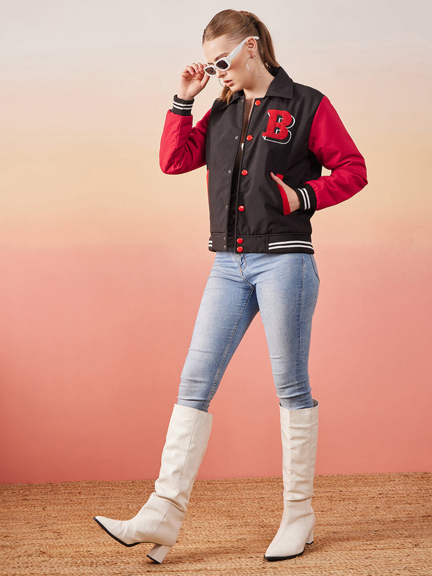 Long Sleeve Buttoned Women Varsity Jacket-3366