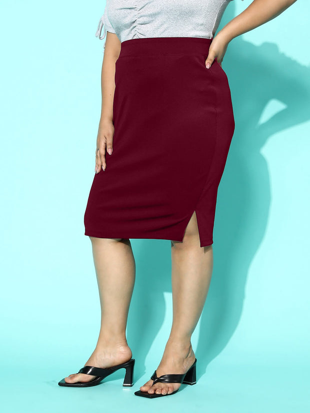 Solid Knee Length Plus Size Side Slit Women Pencil Skirt-3375-3376