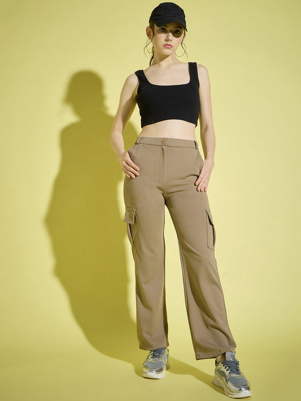 Straight Fit Full Length Solid Cargo Pant | Women Casual Pant-3386-3390