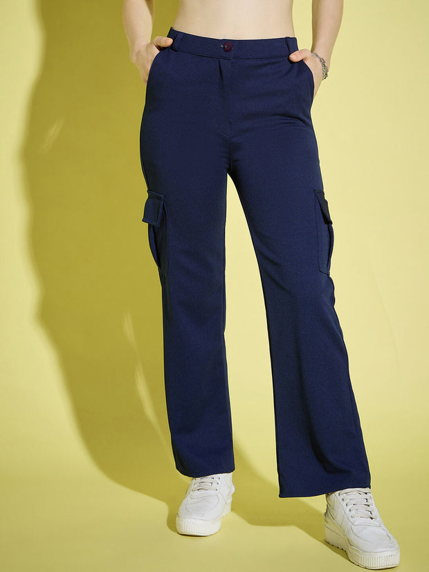 Straight Fit Full Length Solid Cargo Pant | Women Casual Pant-3387-3390