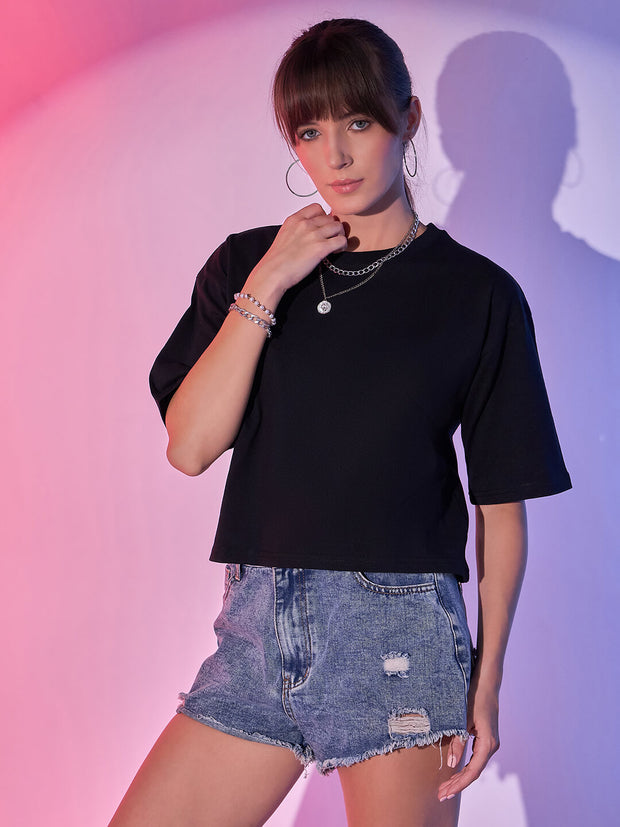 Cotton Solid Drop Shoulder Baggy Fit Round Neck Women Short T-Shirt-3409-3412