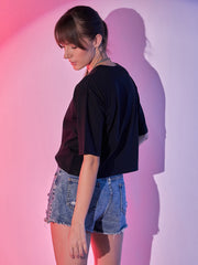 Cotton Solid Drop Shoulder Baggy Fit Round Neck Women Short T-Shirt-3409-3412