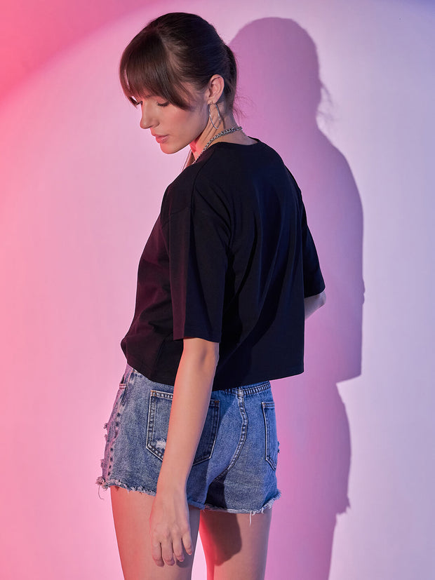 Cotton Solid Drop Shoulder Baggy Fit Round Neck Women Short T-Shirt-3409-3412