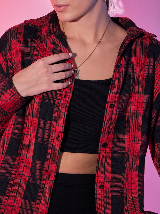 Cotton Oversized Casual Plaid Print Women Long Shirt-3290B