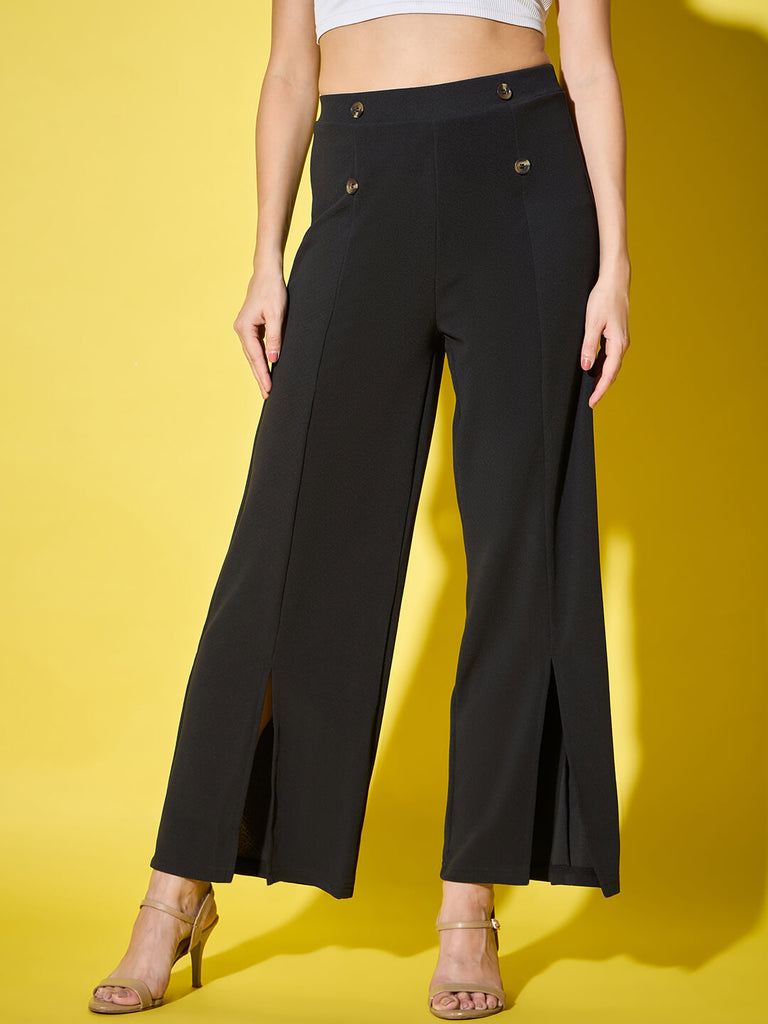 Black Solid Full Length Women's Palazzo Pants with Front Slit-3455