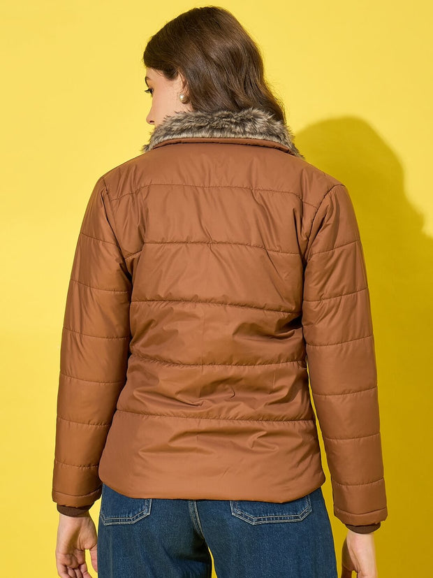 Stylish Polyester Quilted Women Winter Jacket with Fur Collar-3478-3480
