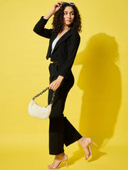 Women's Solid Polyester Co-Ord Set – Stylish Cropped Blazer and Trouser Set-3505-3505