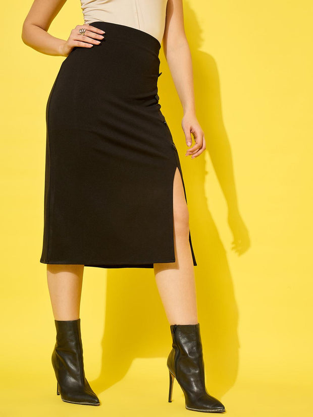 Elegant Black High-Waist Polyester Women’s Pencil Skirt with Side Slit-3522
