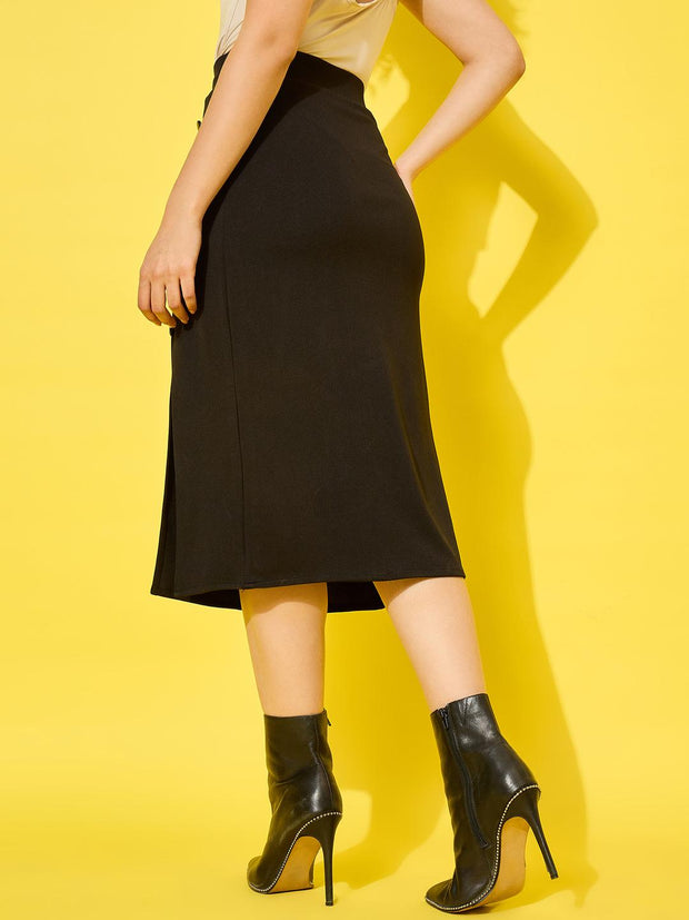 Elegant Black High-Waist Polyester Women’s Pencil Skirt with Side Slit-3522