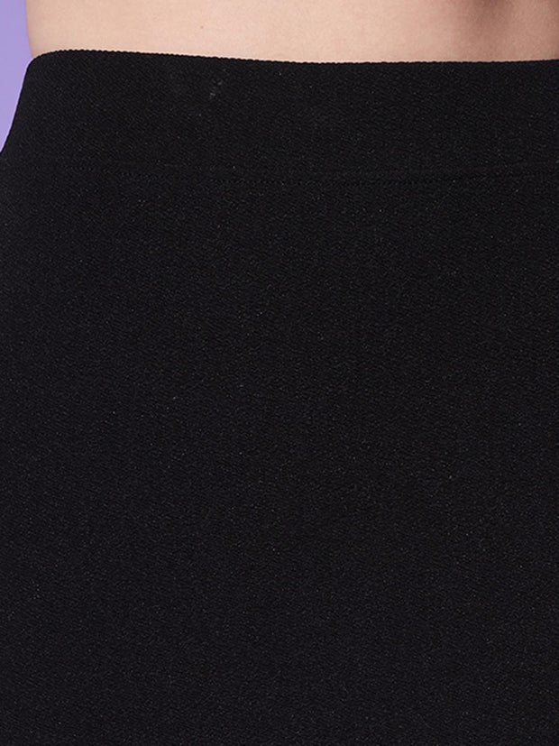 Elegant Black High-Waist Polyester Women’s Pencil Skirt with Side Slit-3522