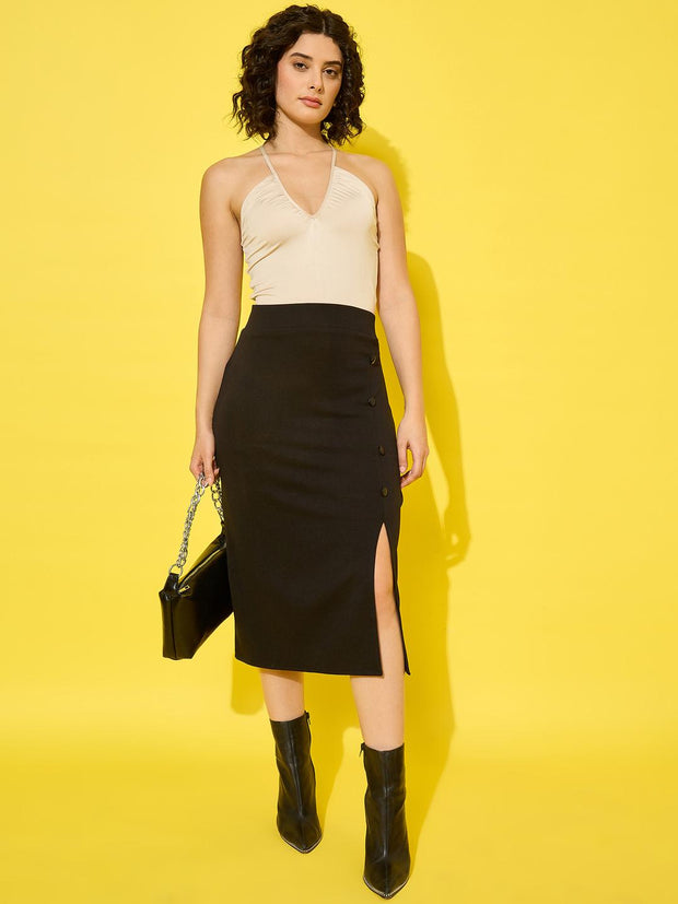 Elegant Black High-Waist Polyester Women’s Pencil Skirt with Side Slit-3522