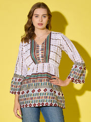 Women's Long Top Tribal Printed Polyester Tunic with Flared Sleeves-3534-3534